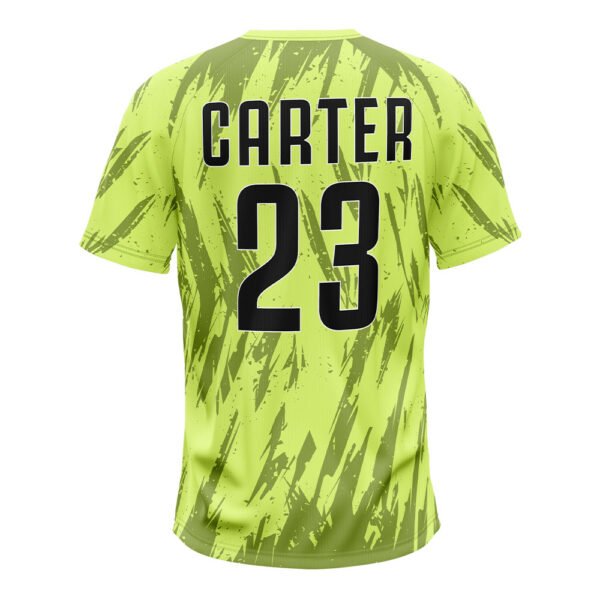 Neon lime green baseball jersey with black splatter graphics back view, number 23 and CARTER lettering.