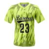 Neon lime green baseball jersey with black splatter graphics, front view with number 23 on it.