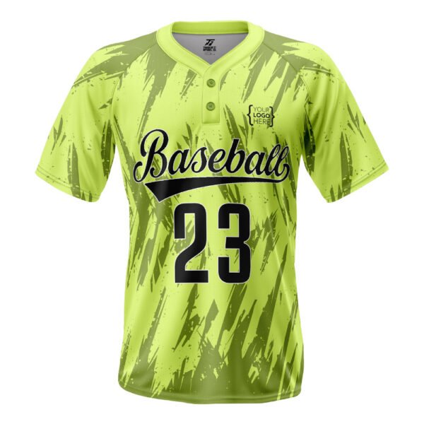 Neon lime green baseball jersey with black splatter graphics, front view with number 23 on it.