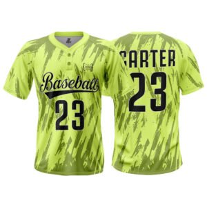 Neon lime green baseball jersey with black splatter graphics, front and back view, number 23 and CARTER lettering.