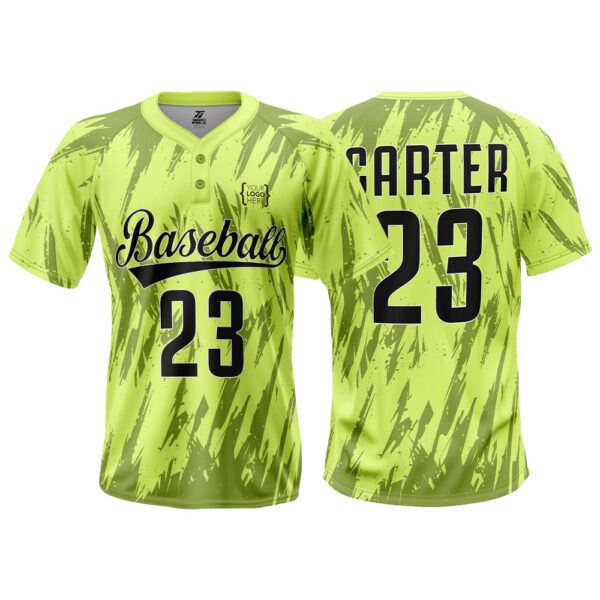 Neon lime green baseball jersey with black splatter graphics, front and back view, number 23 and CARTER lettering.