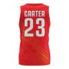 Custom red basketball jersey with yellow graphics, personalized name and number, back view by ThunderFit Apparel