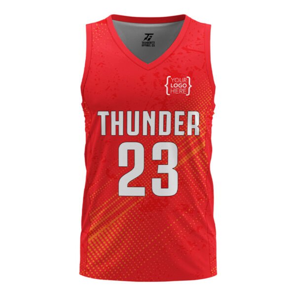 Custom red basketball jersey with yellow graphics, front view, personalized name and number design by ThunderFit Apparel.