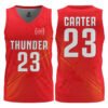Custom red basketball jersey with yellow graphics, front and back views, personalized name and number design by ThunderFit Apparel.
