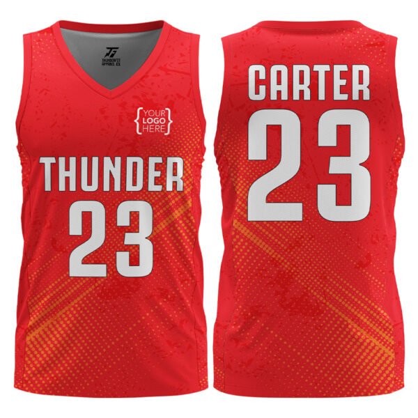 Custom red basketball jersey with yellow graphics, front and back views, personalized name and number design by ThunderFit Apparel.